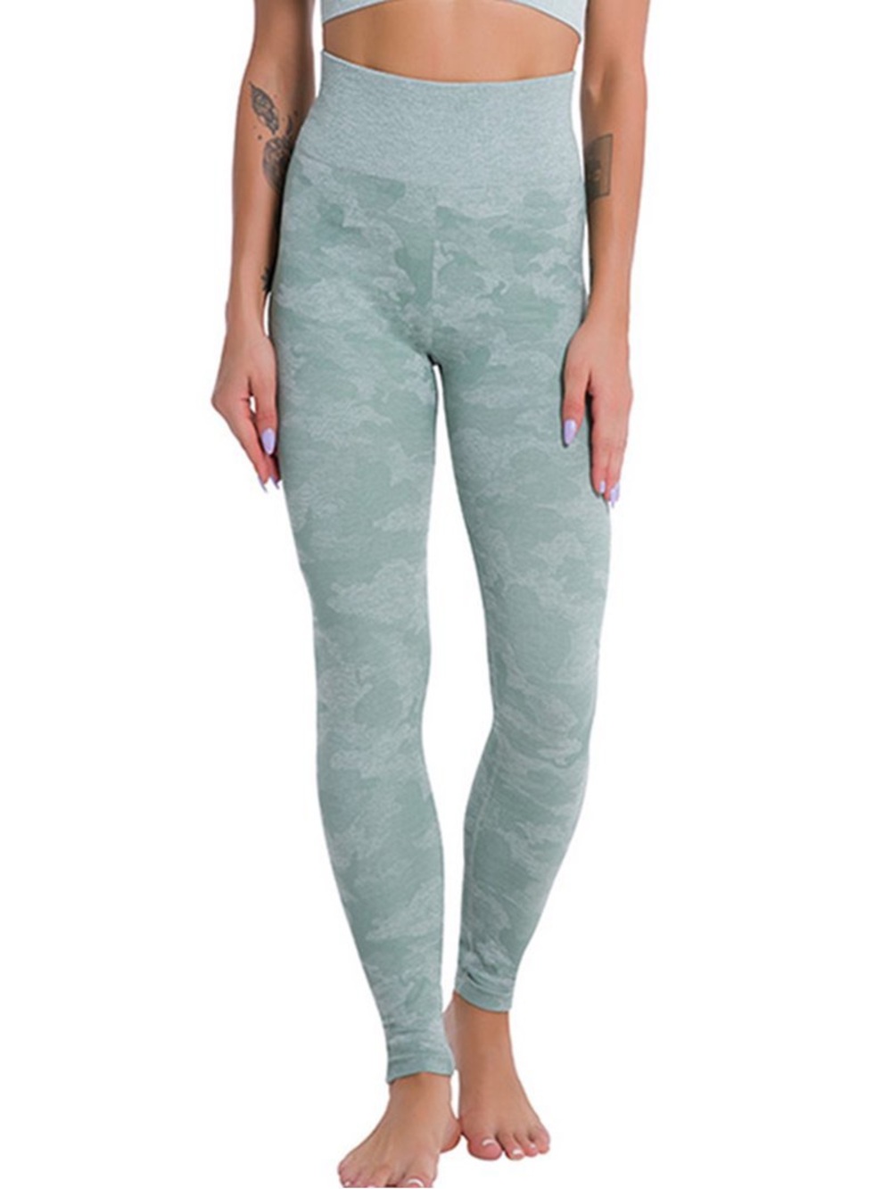 High-Waisted Sage Green Seamless Camp Slimming Workout Leggings Large
